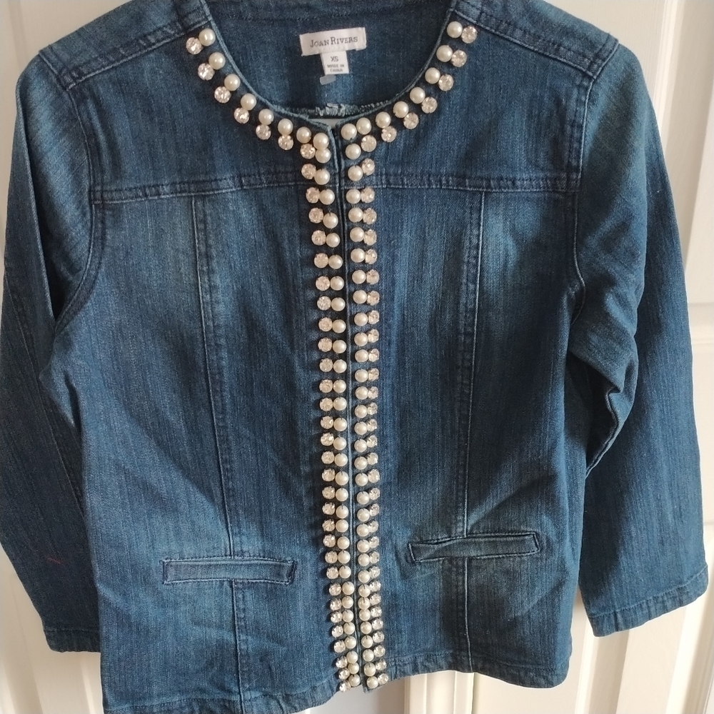 Joan Rivers Pearl & Crystal Trim Denim Jean Jacket XS - Picture 5 of 12